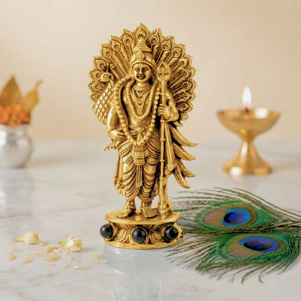 Gold Plated Lord Murugan with Peacock Idol | Symbol of Courage, Victory & Divine Protection