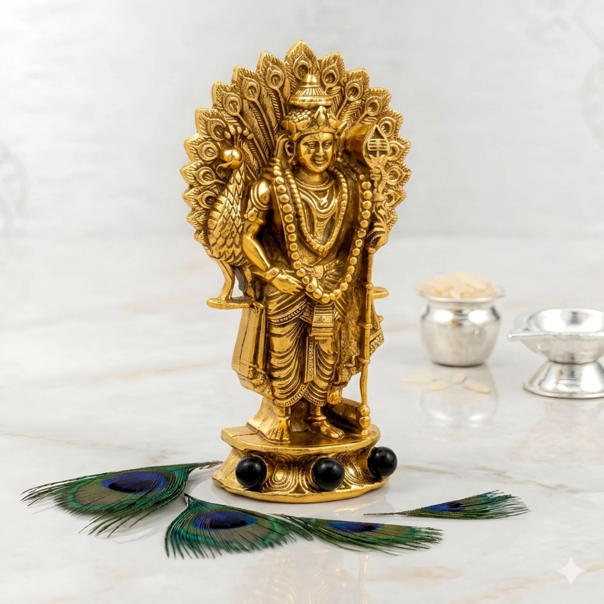 Gold Plated Lord Murugan with Peacock Idol | Symbol of Courage, Victory & Divine Protection