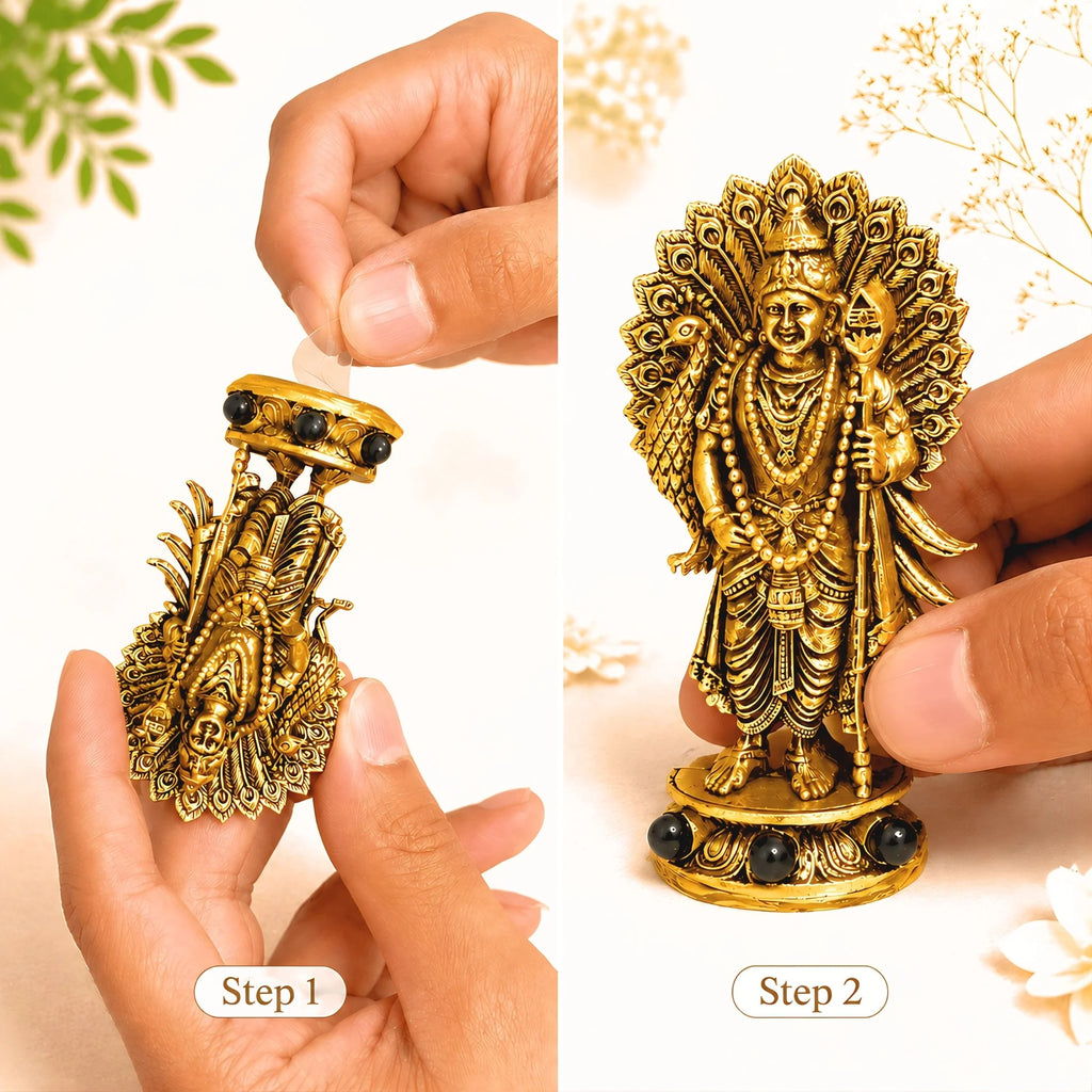 Gold Plated Lord Murugan with Peacock Idol | Symbol of Courage, Victory & Divine Protection