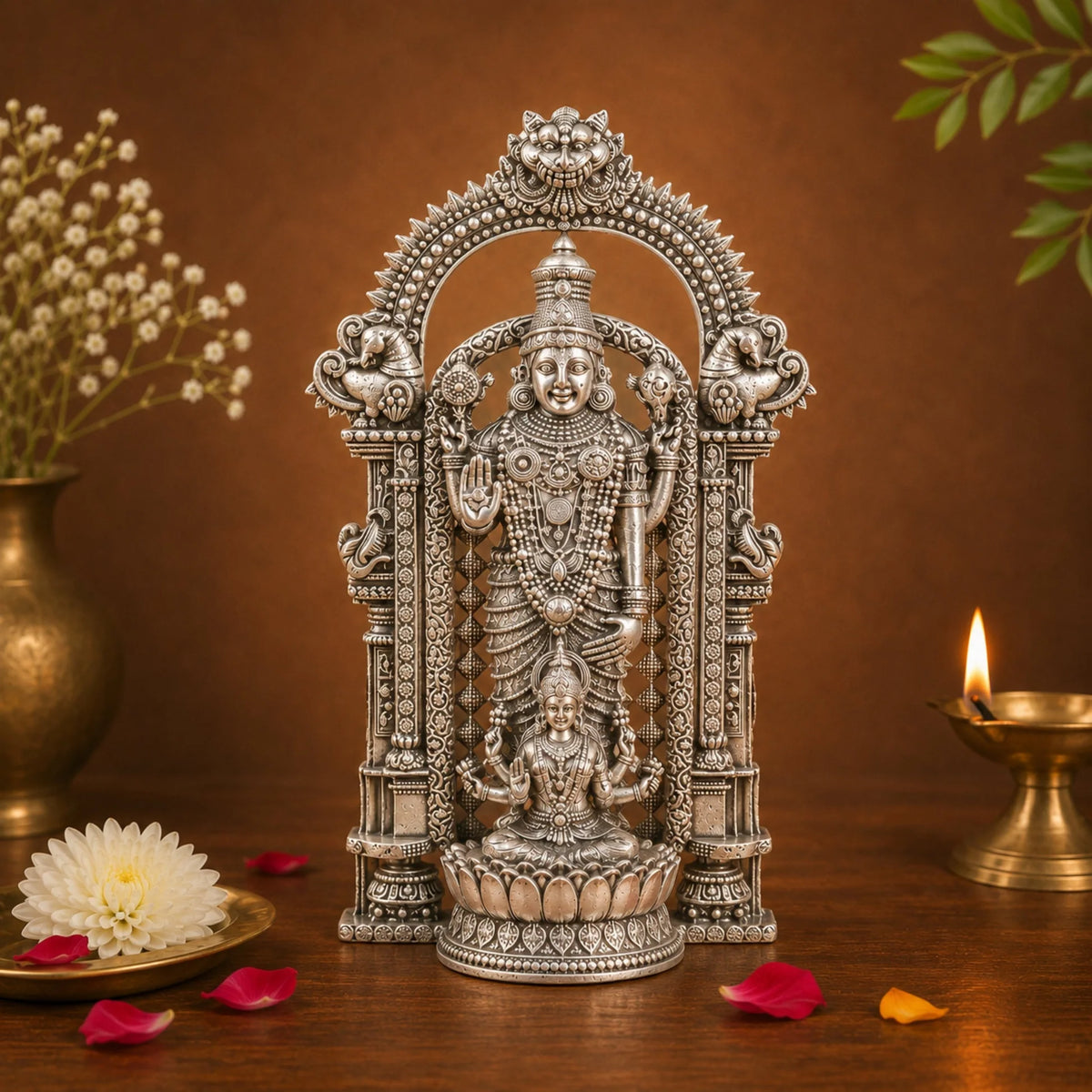Silver Plated Shri Venkateswara & Mahalakshmi Idol | Symbol of Wealth, Blessings & Prosperity