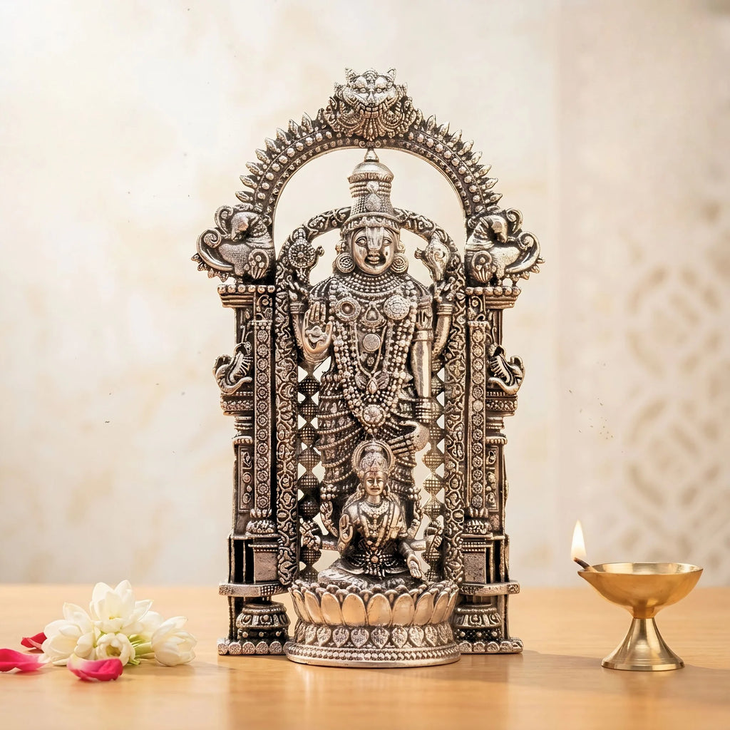 Silver Plated Shri Venkateswara & Mahalakshmi Idol | Symbol of Wealth, Blessings & Prosperity