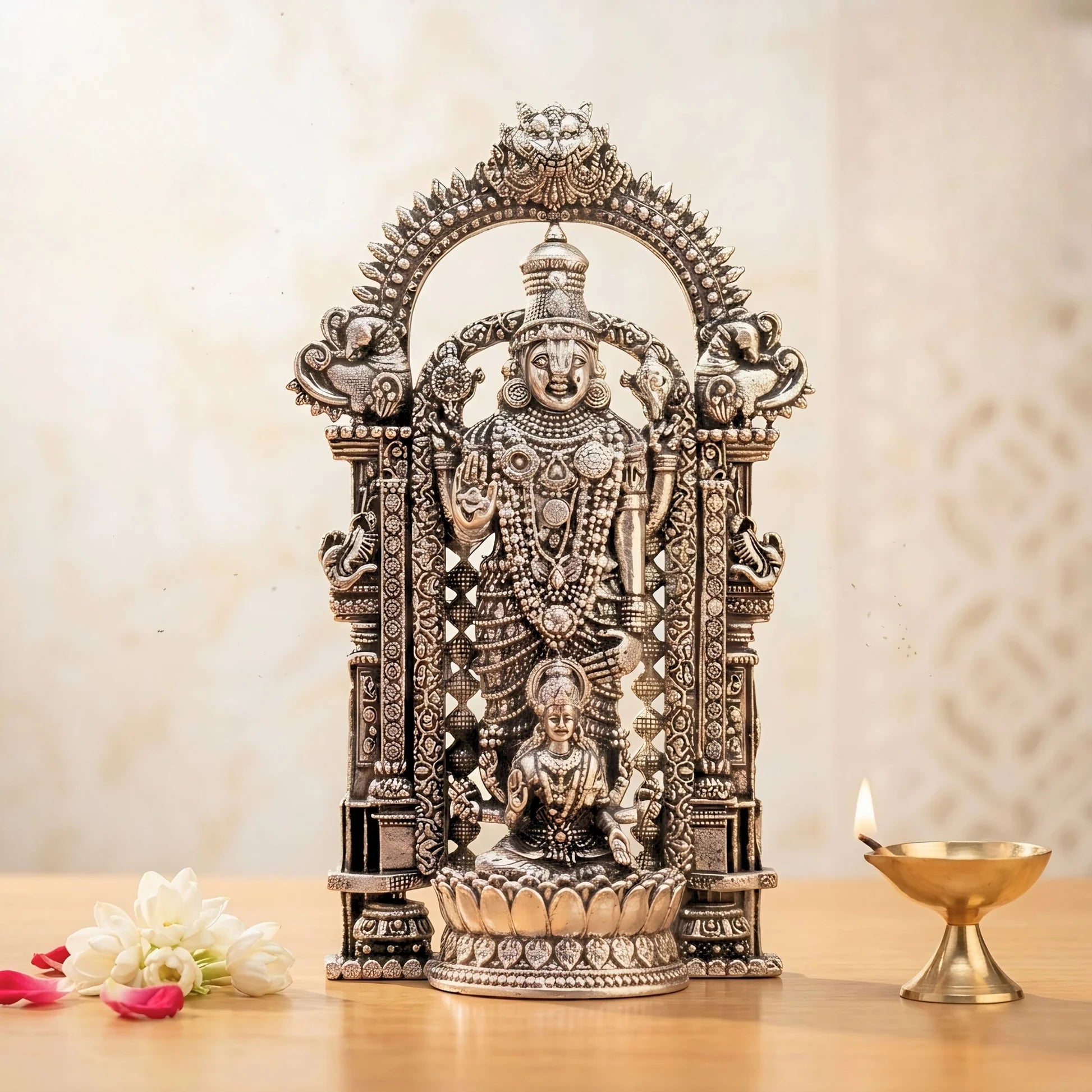 Silver Plated Shri Venkateswara & Mahalakshmi Idol | Symbol of Wealth, Blessings & Prosperity